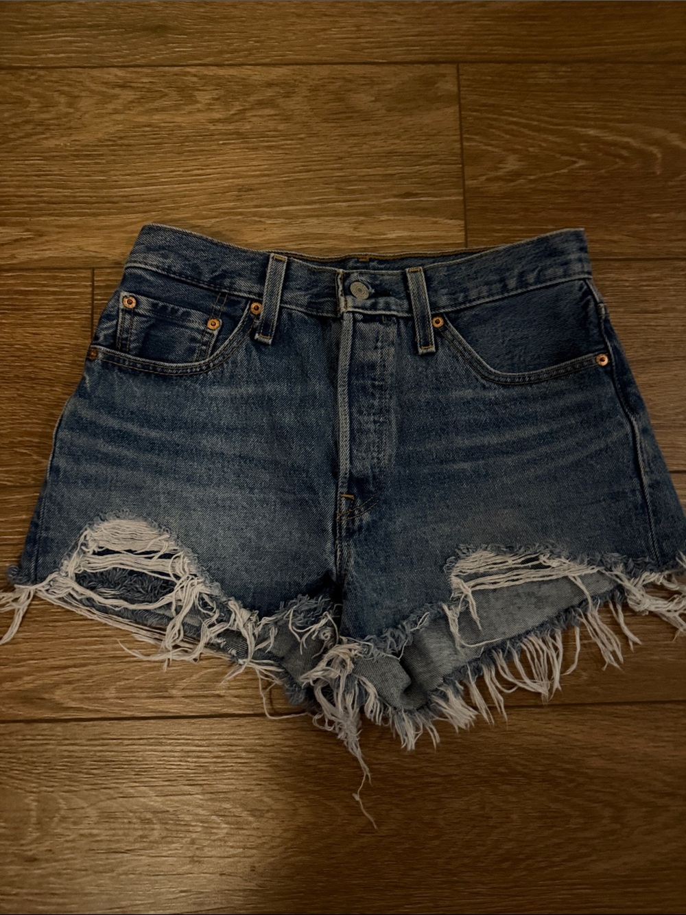 Levi's Distressed Dark Blue Denim Cutoff Shorts